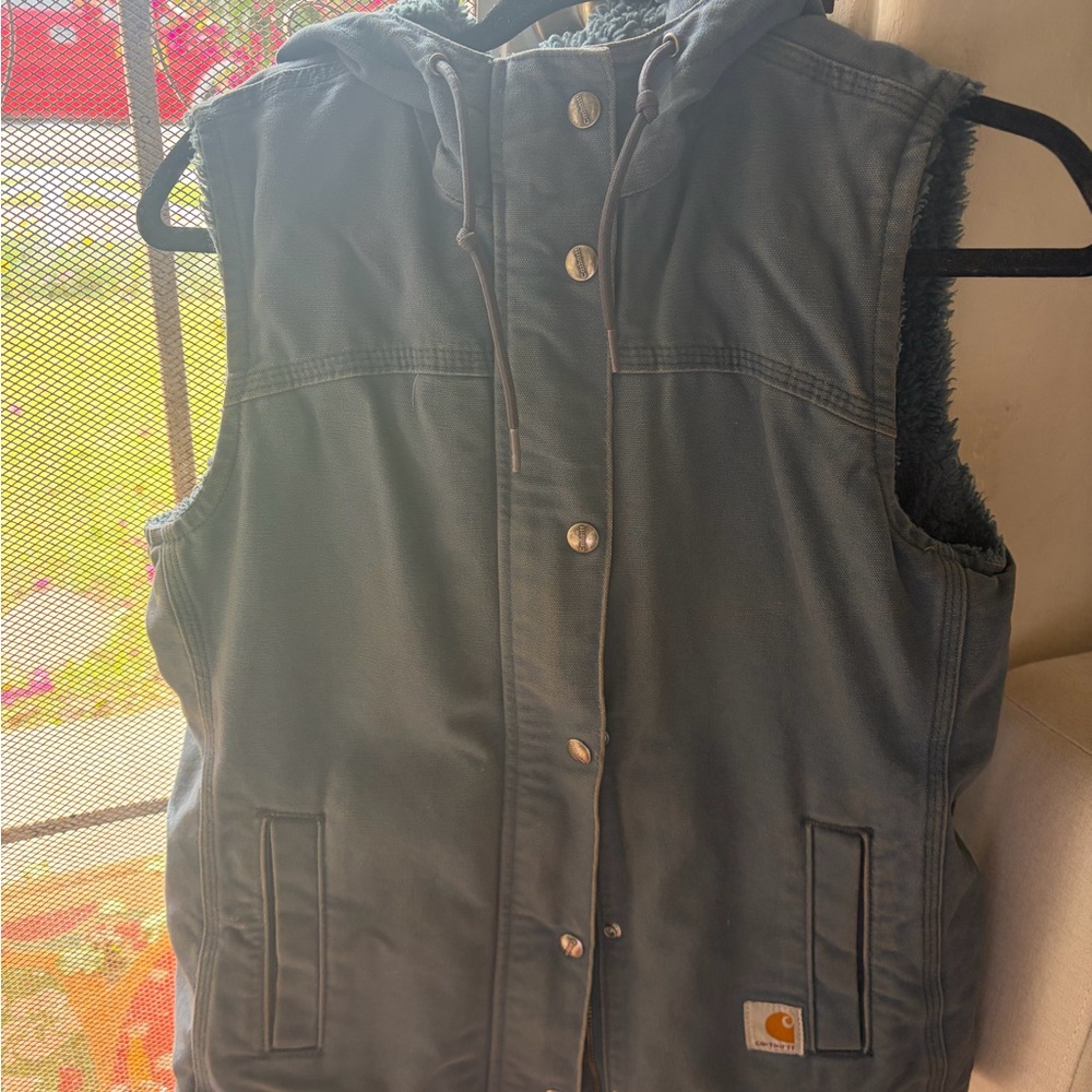 Carhartt blue Sherpa-Lined Hooded Vest with Orange Logo